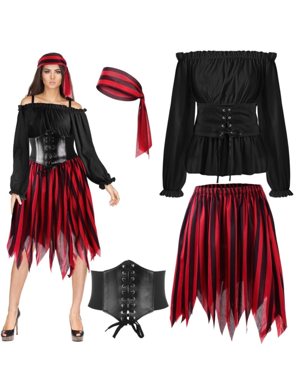 Renaissance Pirate Costume Women’s LARGE Outfit Set Medieval Halloween NEW